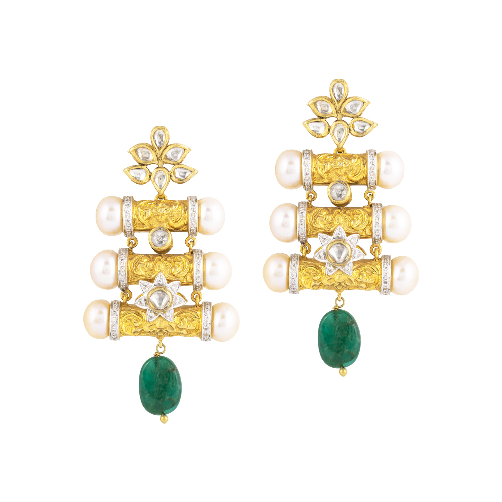 Floral Enamel Pendant Set with Pearls & Emerald Drops